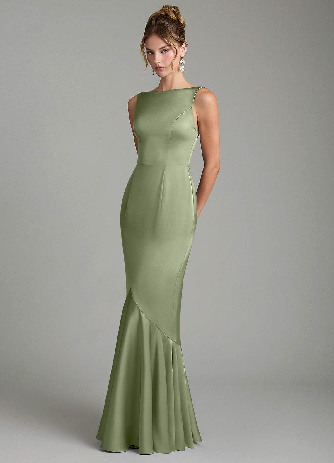 Tamera Mermaid Boat-Neck Stretch Satin and Chiffon Bridesmaid Dress in Pistachio