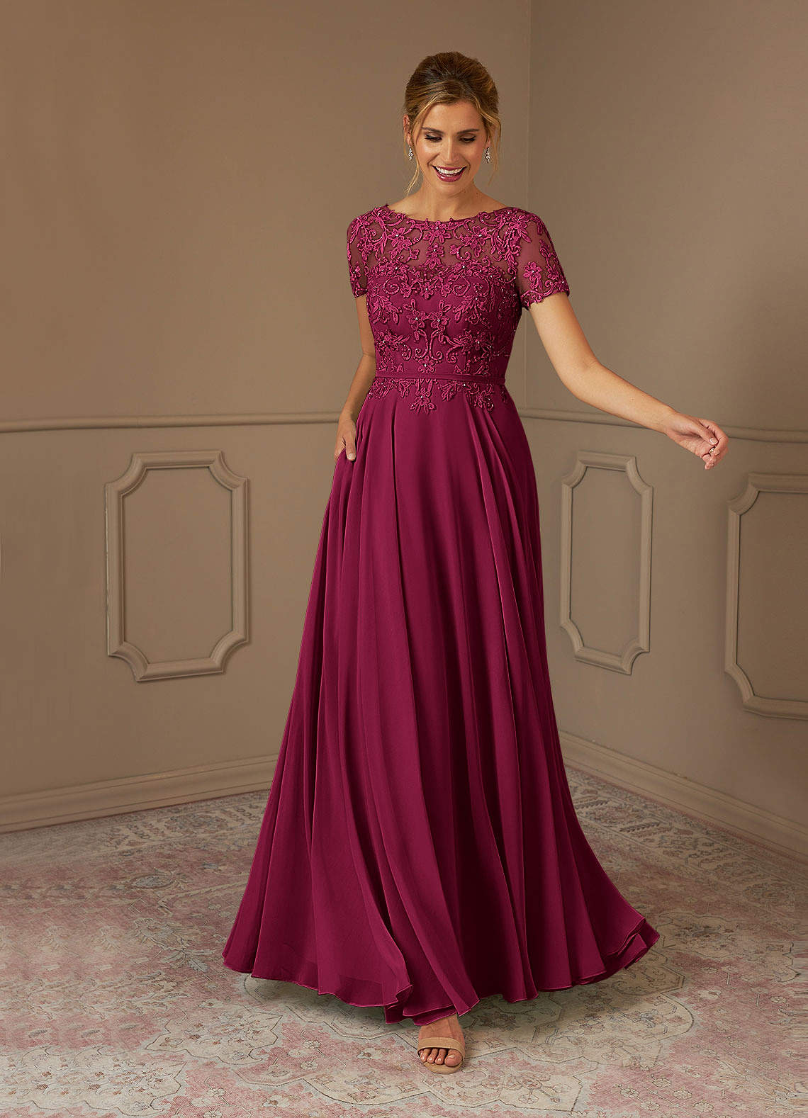 Adina A-Line Boat-Neck Chiffon Mother of the Bride Dress in Burgundy