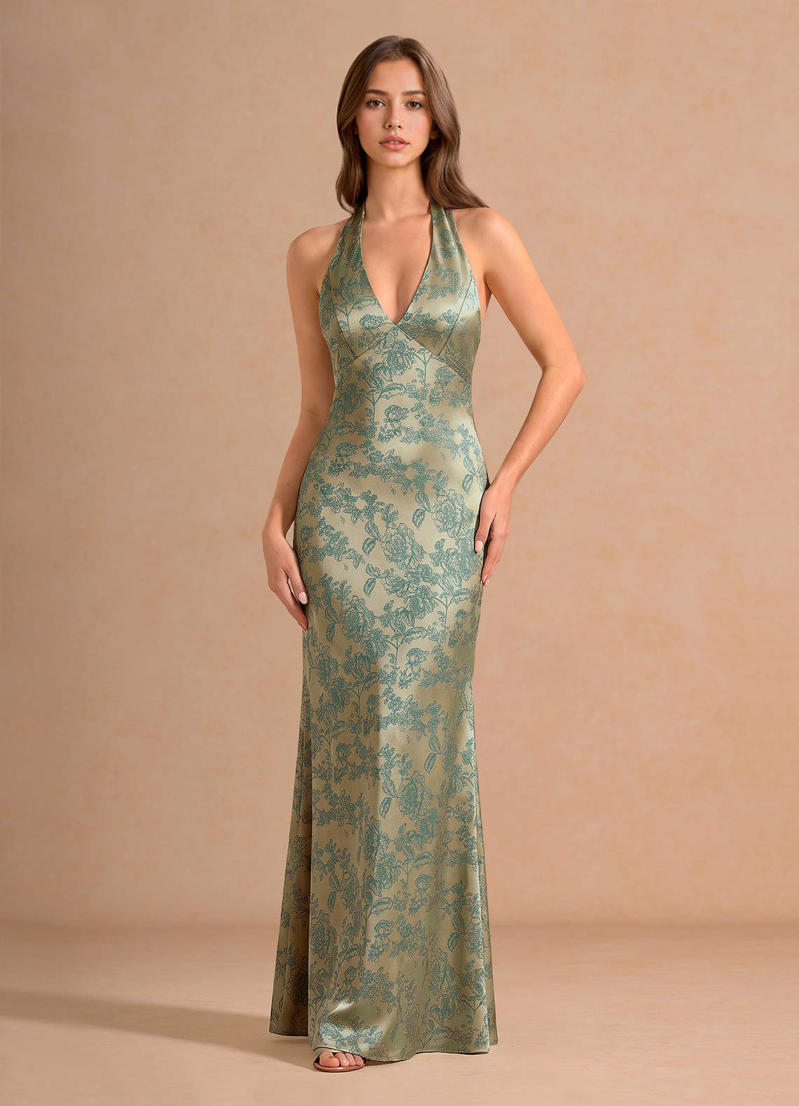 Ottoline Plunging V-Neck Open-Back Jacquard Evening Dress in Moss Navy