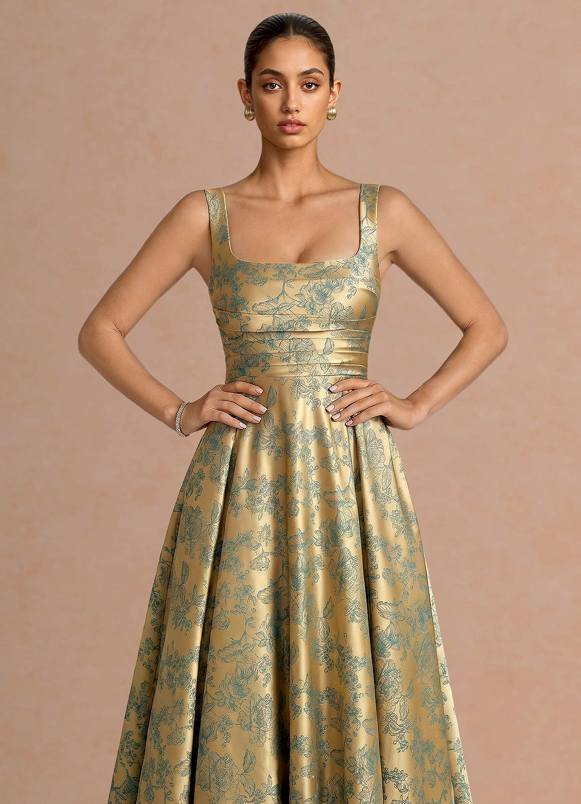 Azaria A-Line Square-Neck Jacquard Evening Dress in Green Brown