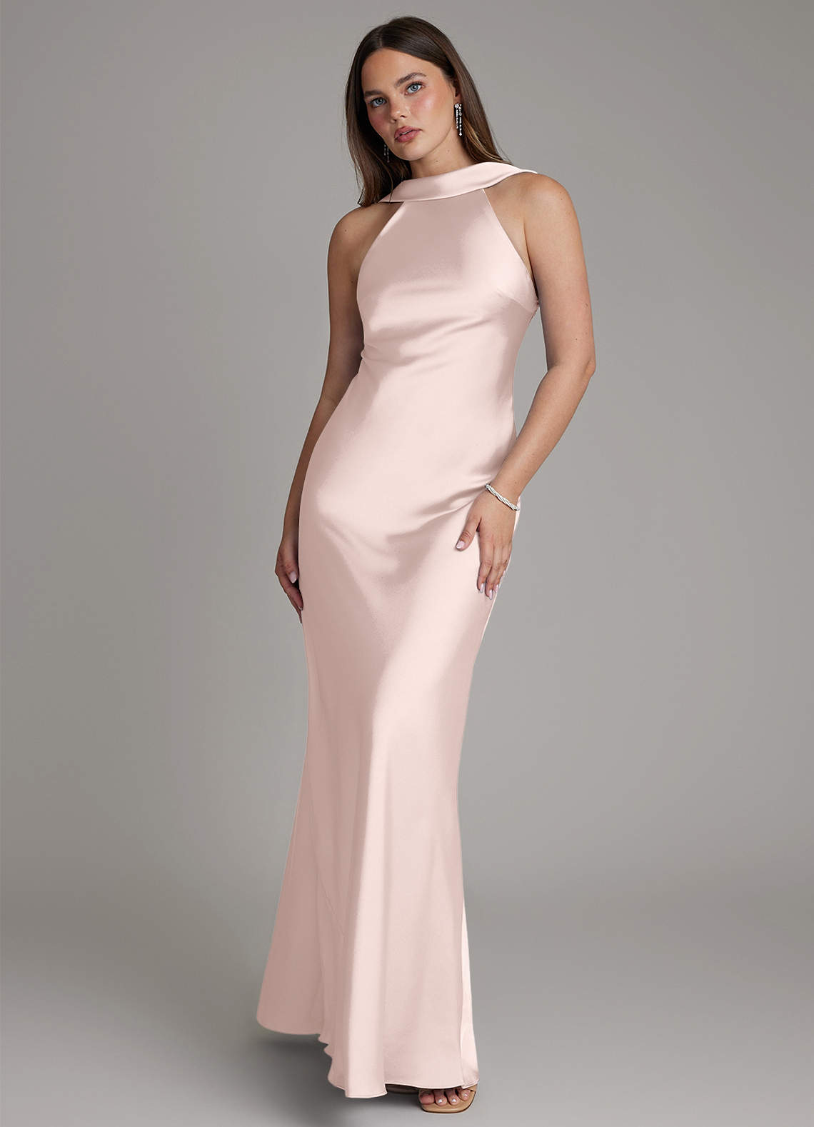 Dimitra Sheath Halter Stretch Satin Bridesmaid Dress in Blushing Pink
