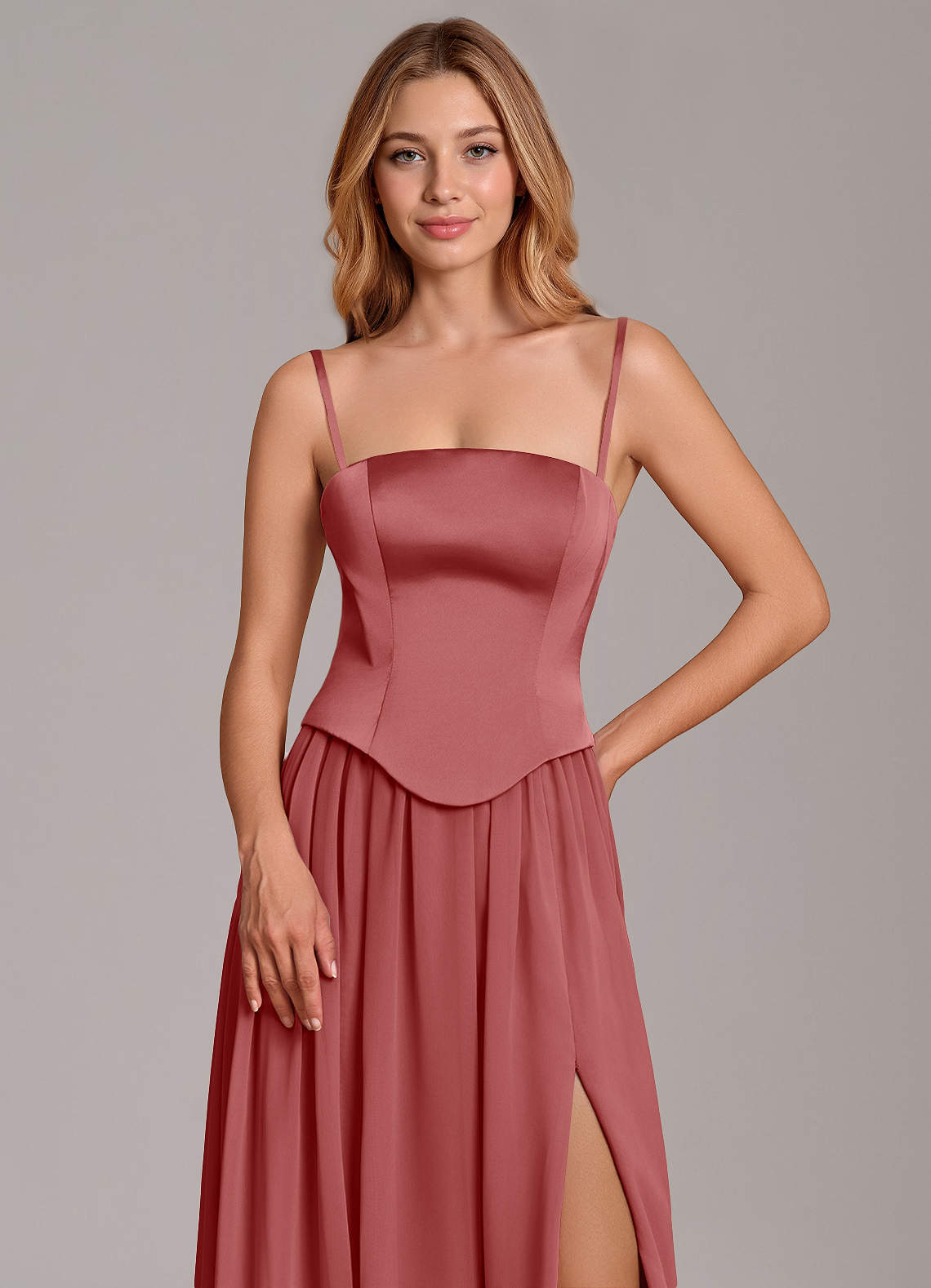 Cadence A-Line Strapless Chiffon and Stretch Satin Bridesmaid Dress in Antique Rose