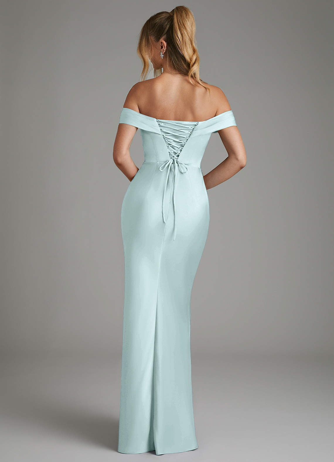 Hayden Mermaid Off-the-Shoulder Stretch Satin Bridesmaid Dress in Sea Glass