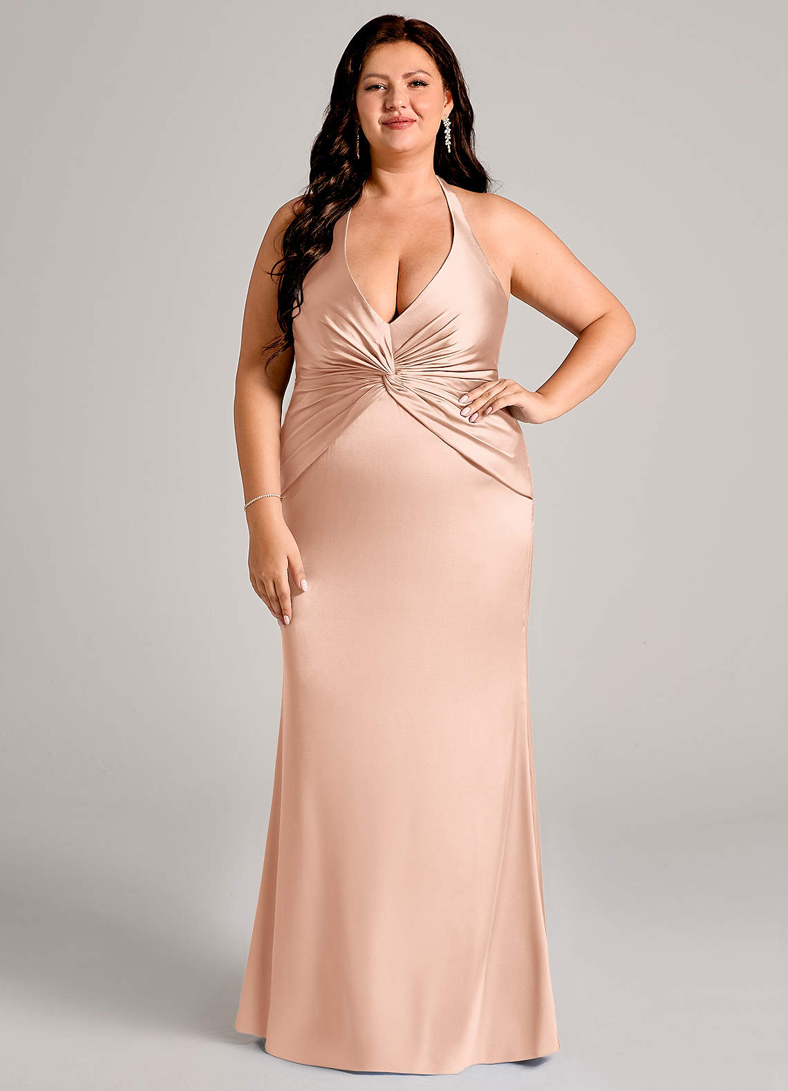 Valerie Mermaid V-Neck Stretch Satin Bridesmaid Dress in rose gold