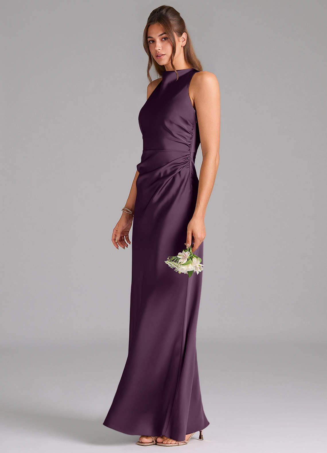 Evadne Sheath Scoop-Neck Stretch Satin Bridesmaid Dress in Plum