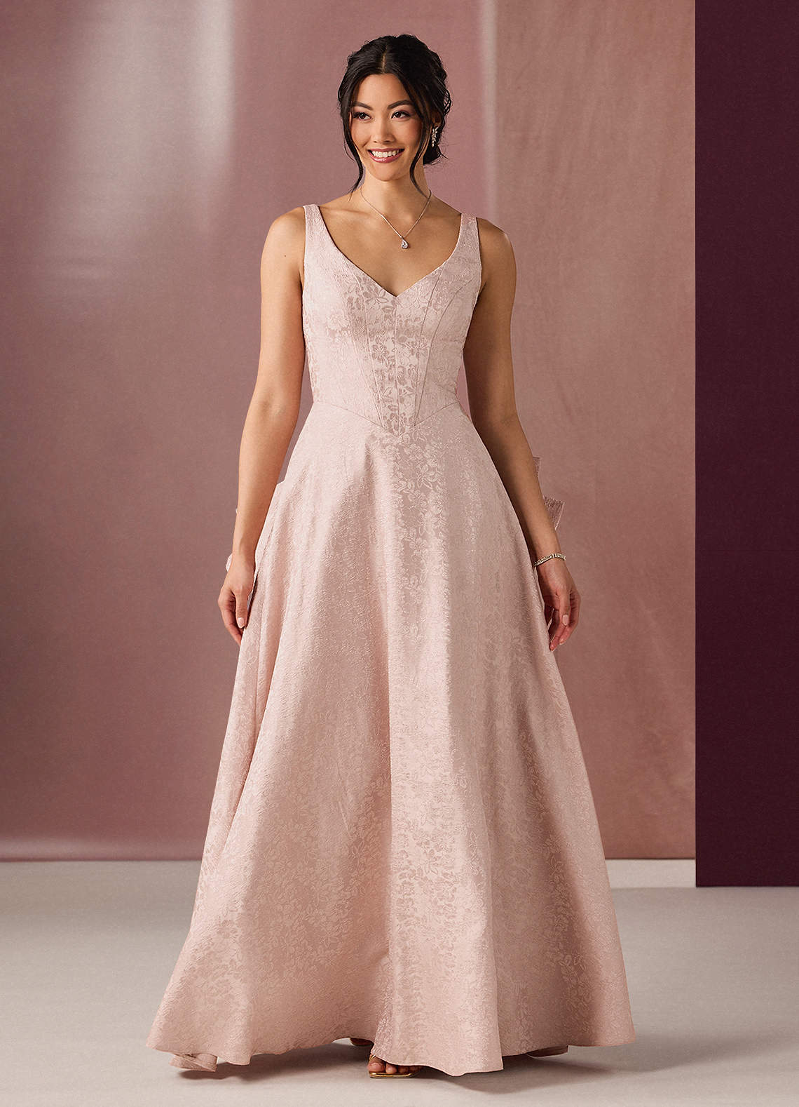 Satine Ball Gown V-Neck Jacquard Evening Dress in Blush Pink
