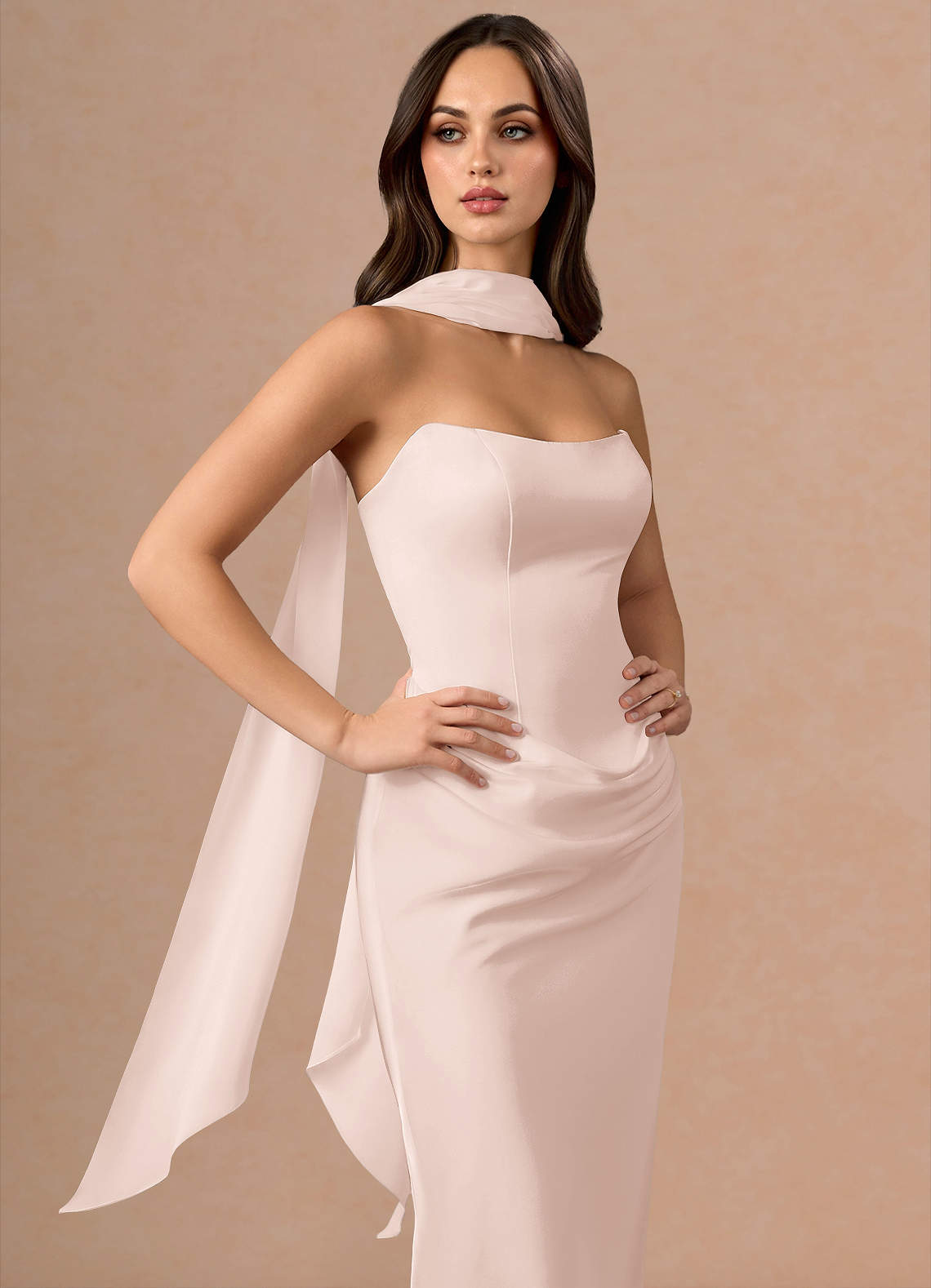 Valencia Scarf Lace-Up Stretch Satin Evening Dress in Powder Pink