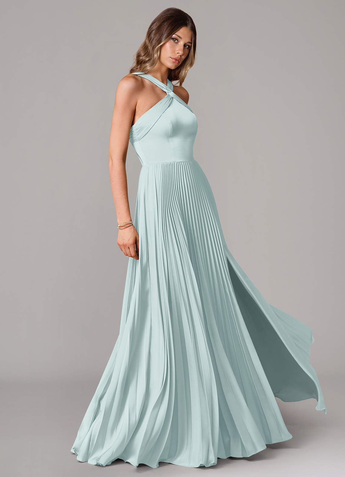 Afra A-Line Halter-Neck Stretch Satin Bridesmaid Dress in Mist