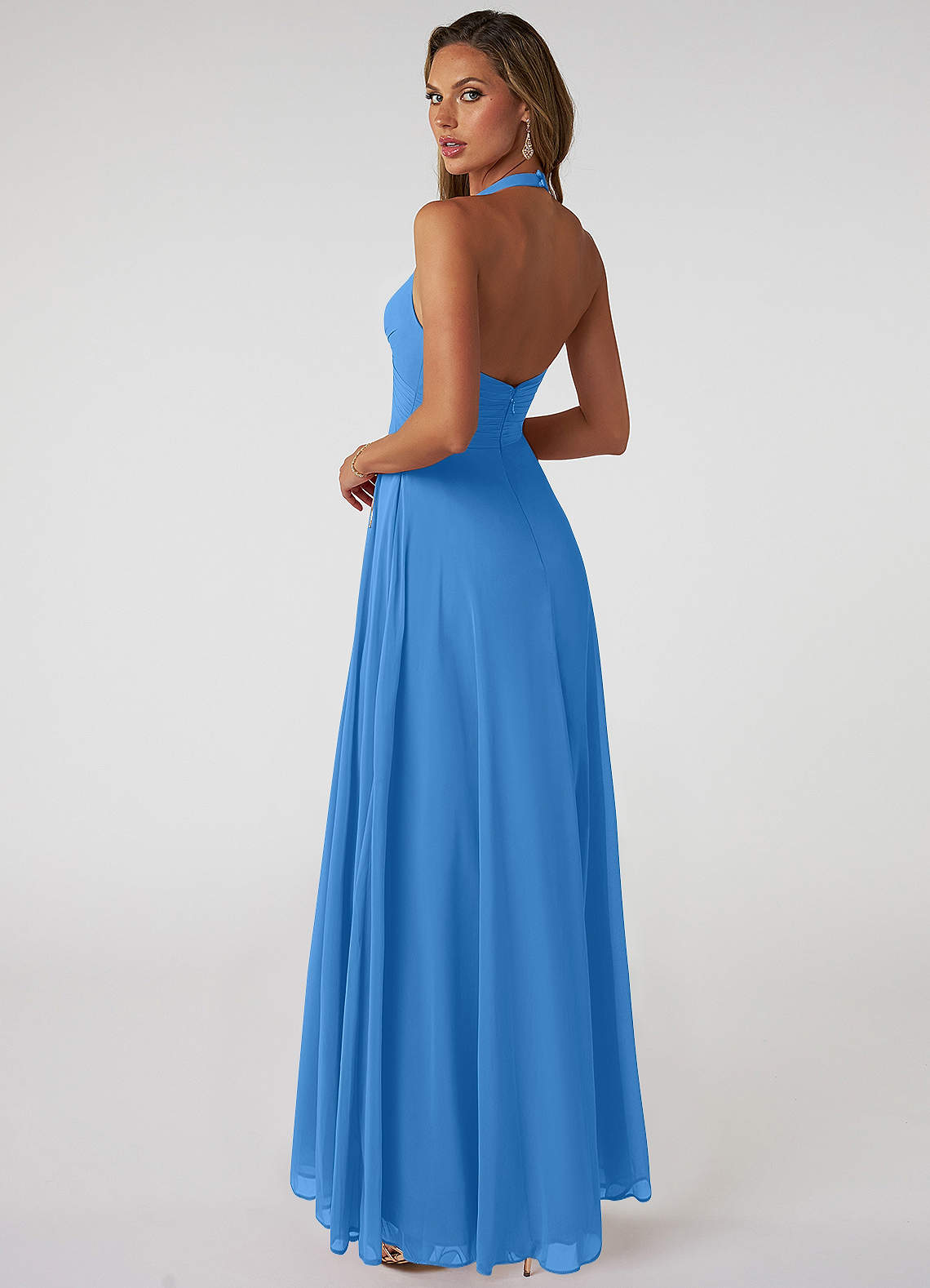 Tessie A-Line V-Neck Chiffon Bridesmaid Dress in Blue Jay