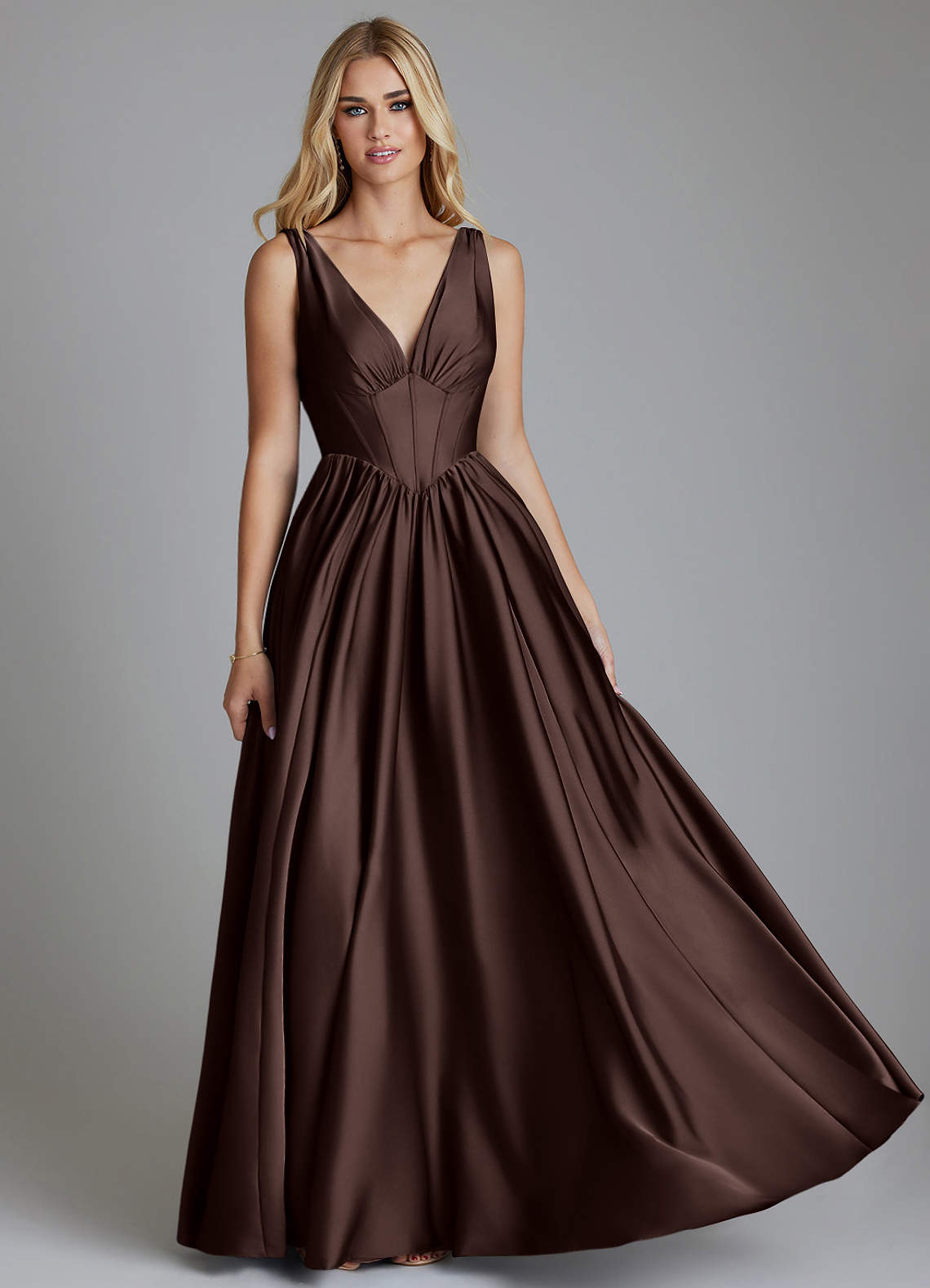 Delmie A-Line V-Neck Stretch Satin Bridesmaid Dress