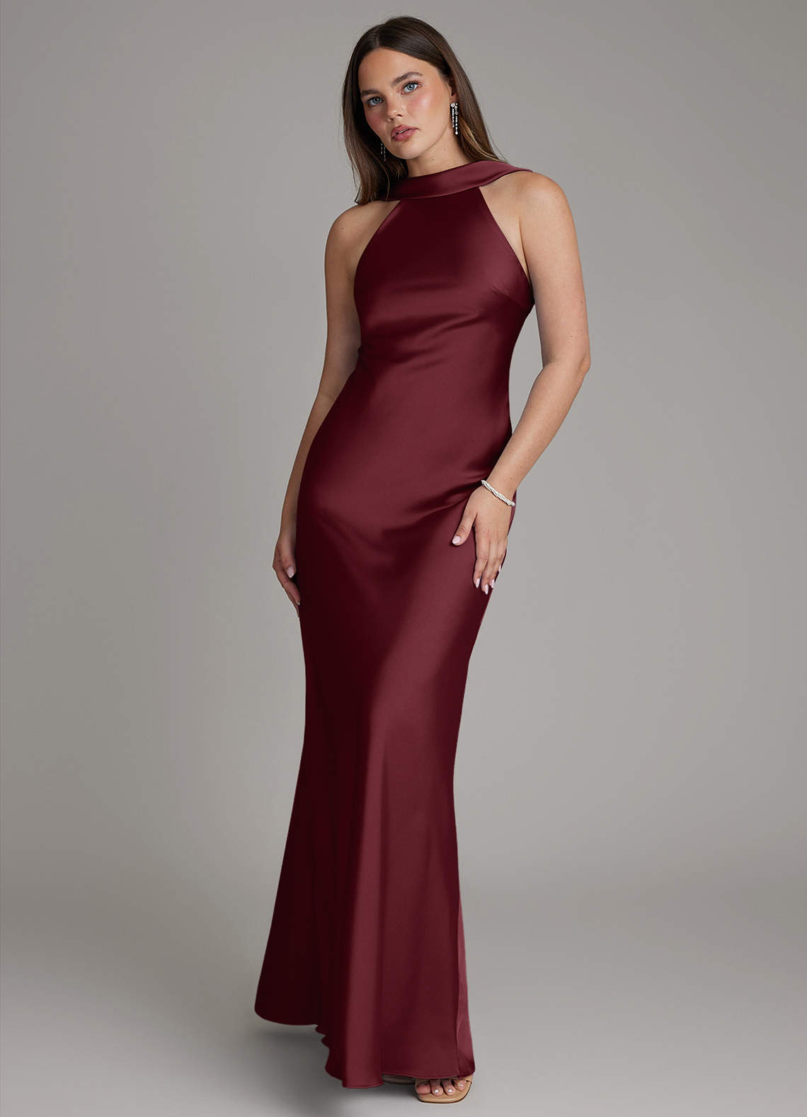 Dimitra Sheath Halter Stretch Satin Bridesmaid Dress in Cabernet