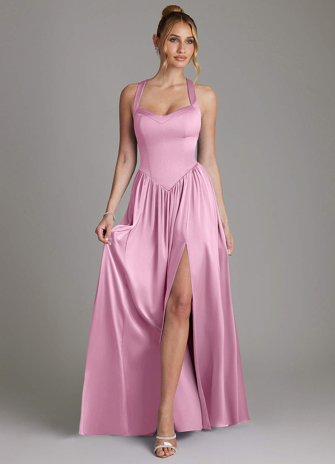 Francis A-Line V-Neck Stretch Satin Bridesmaid Dress in candy pink