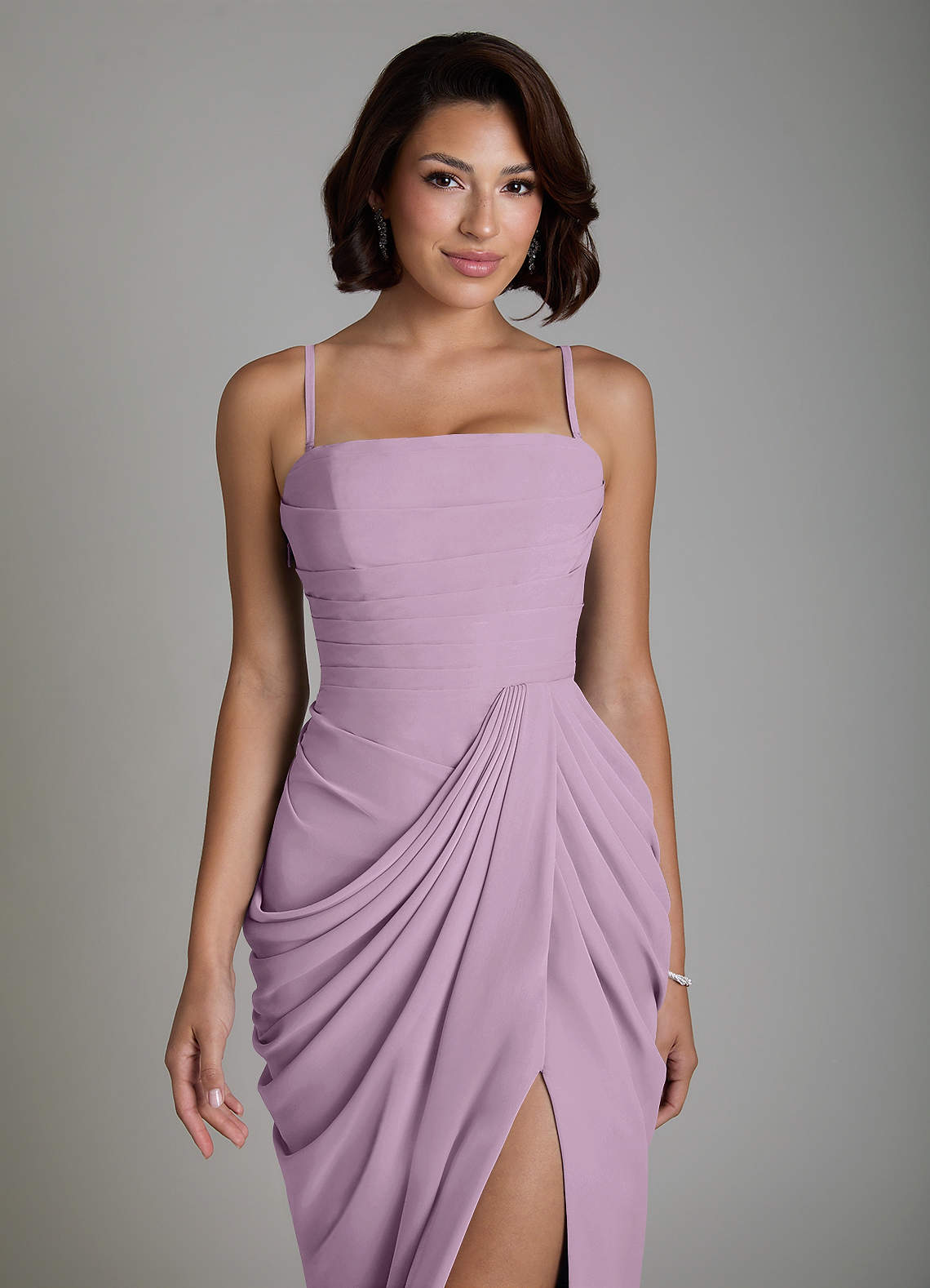 Nyra Sheath Strapless Chiffon Bridesmaid Dress in Wisteria