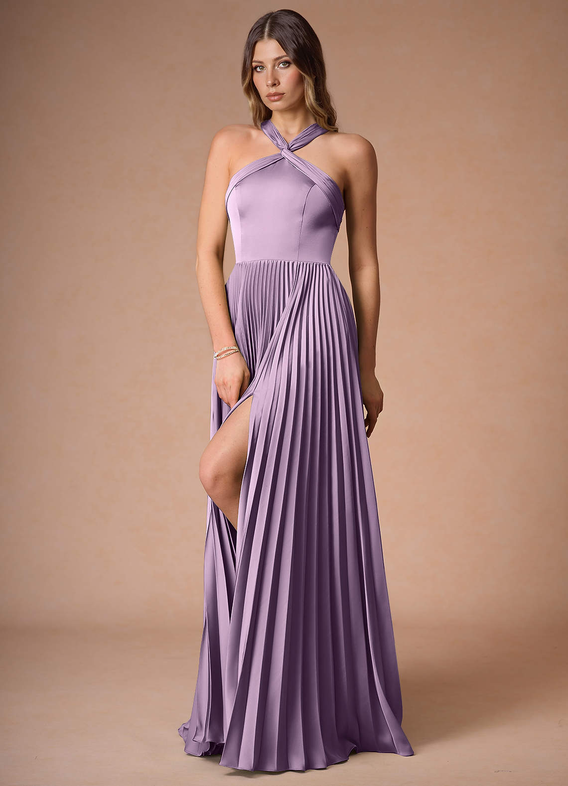 Afra A-Line Pleated Stretch Satin Wedding Guest Dress in Haze Pink