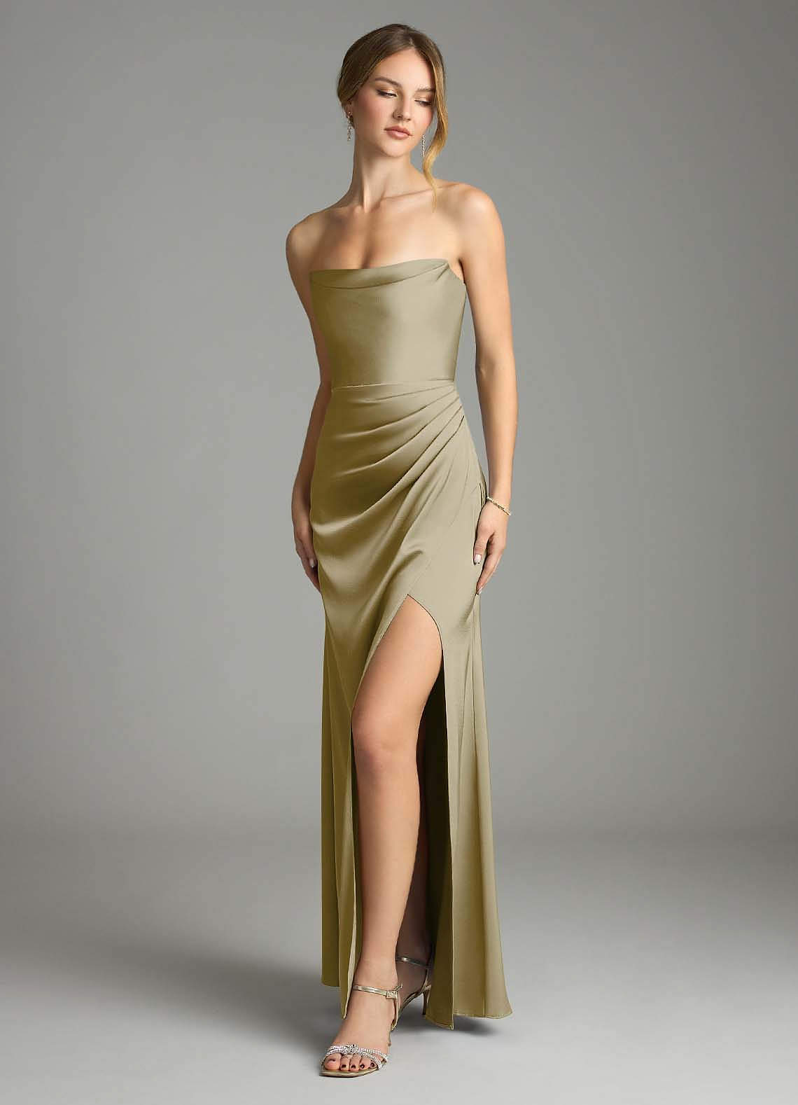 Leonis Mermaid Cowl-Neck Stretch Satin Bridesmaid Dress in Moss Green