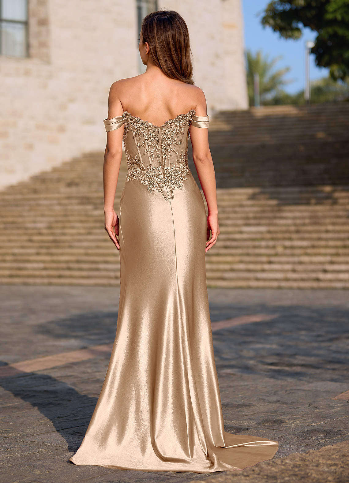 Opulence Mermaid Off-the-Shoulder Satin Evening Dress in champagne