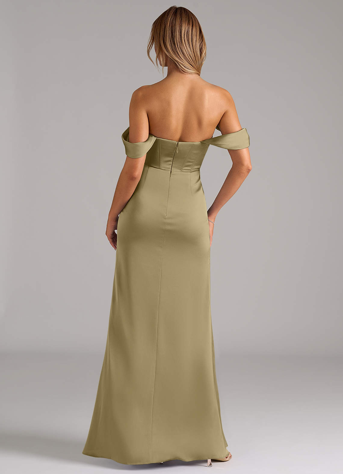 Johana Mermaid Off-the-Shoulder Stretch Satin Bridesmaid Dress in Moss Green