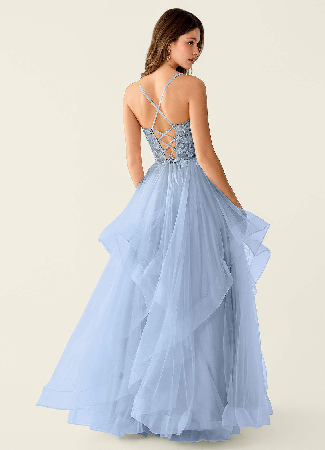 Mosaic A-Line V-Neck Tulle Evening Dress in Blue