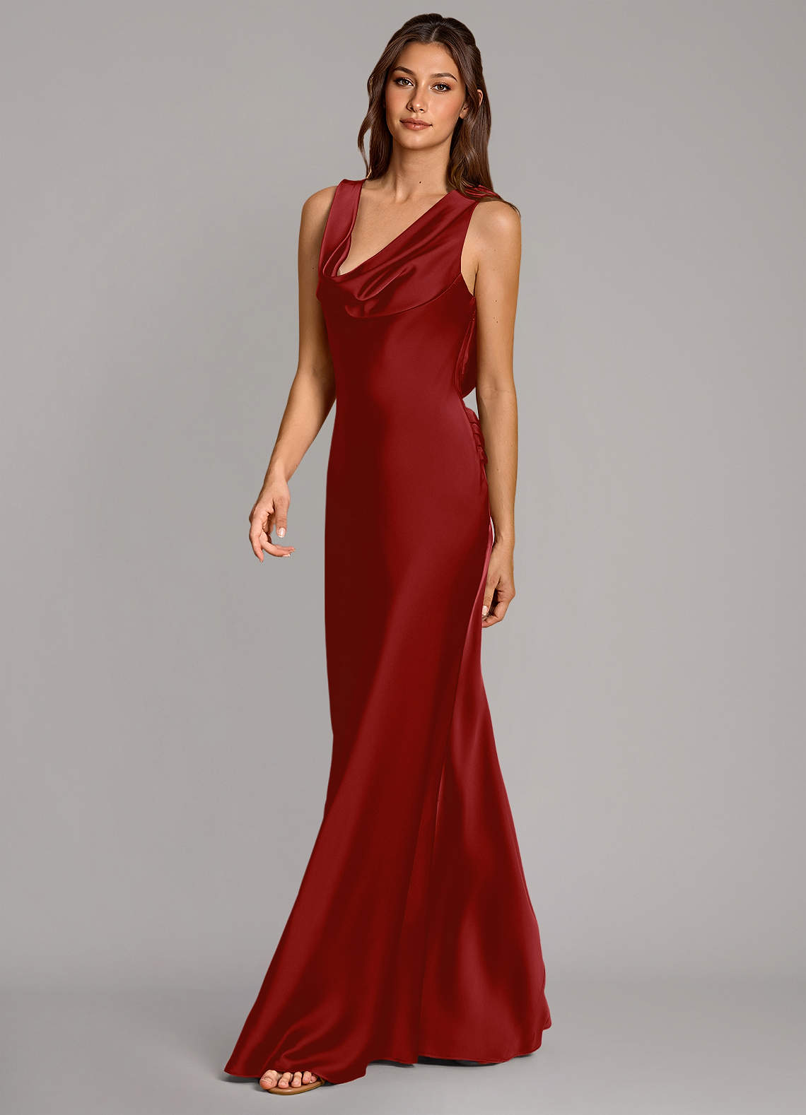Cheryl Mermaid Cowl-Neck Stretch Satin Bridesmaid Dress in Pomegranate