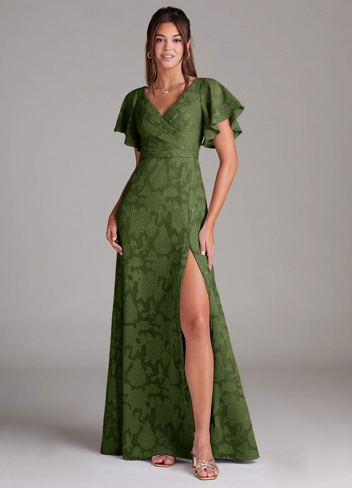 Ambrosia A-Line V-Neck Floral Burnout Bridesmaid Dress in Olive