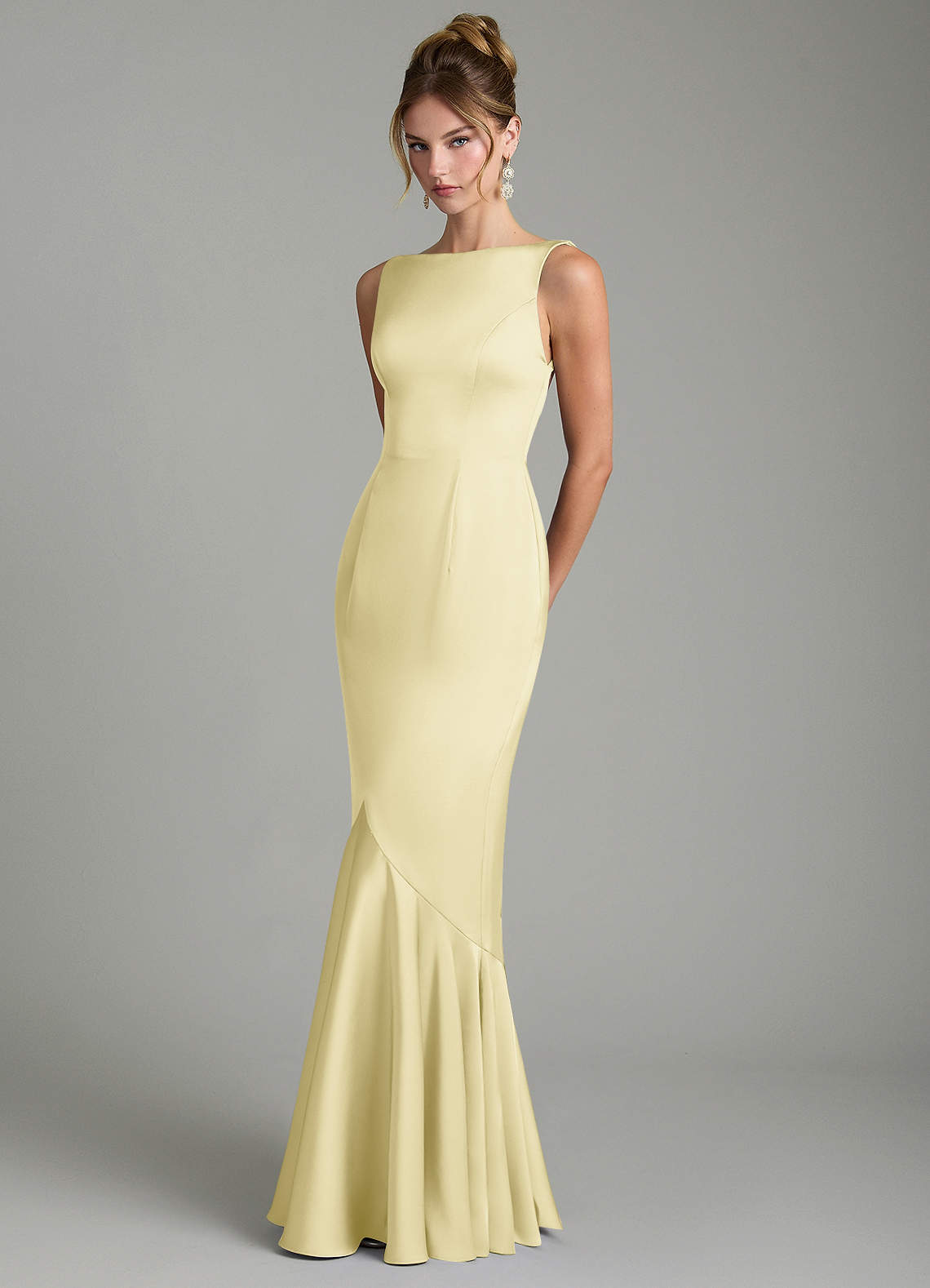 Tamera Mermaid Boat-Neck Stretch Satin and Chiffon Bridesmaid Dress in Lemon Sorbet