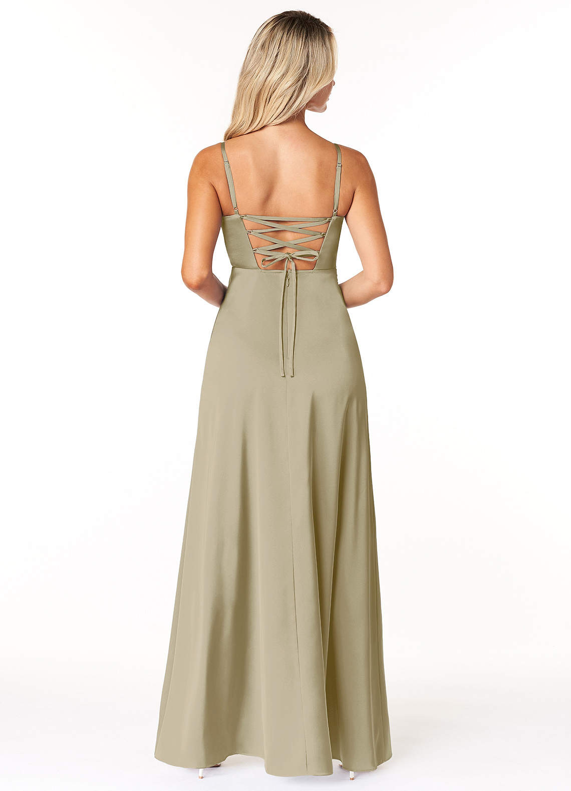 Marchella A-Line V-Neck Stretch Satin Bridesmaid Dress in Moss Green