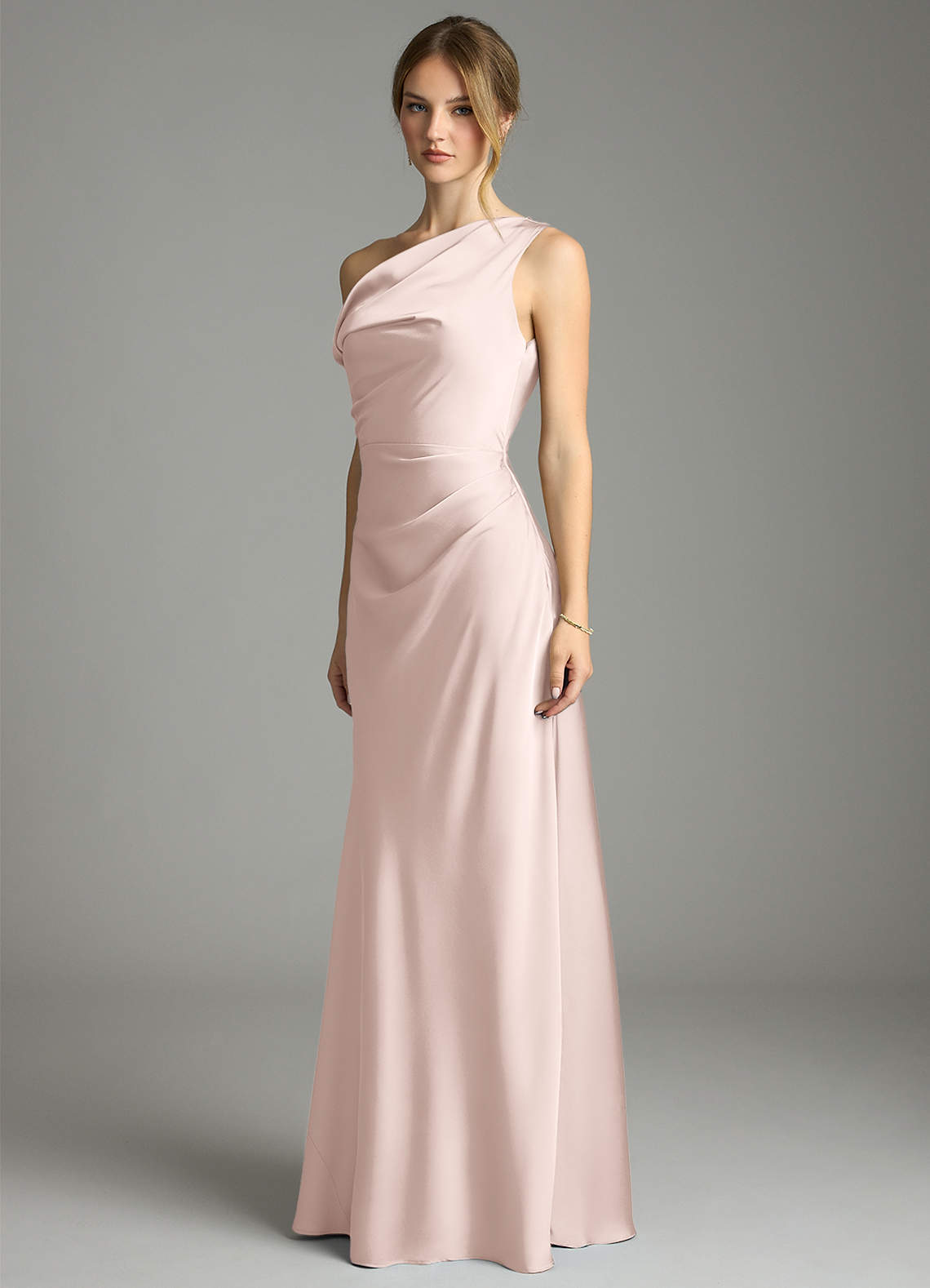 Emerson Mermaid One-Shoulder Stretch Satin Bridesmaid Dress in Blushing Pink