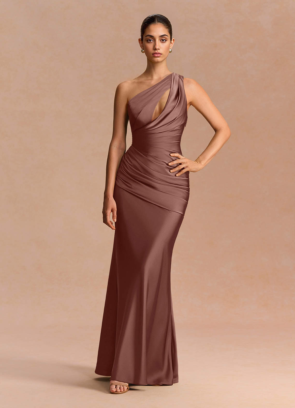 Guinevere One-Shoulder Cutout Stretch Satin Evening Dress in Mocha Coco