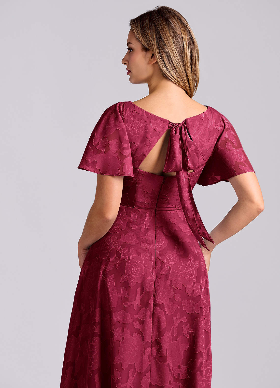 Kimber A-Line V-Neck Floral Burnout Bridesmaid Dress in Burgundy
