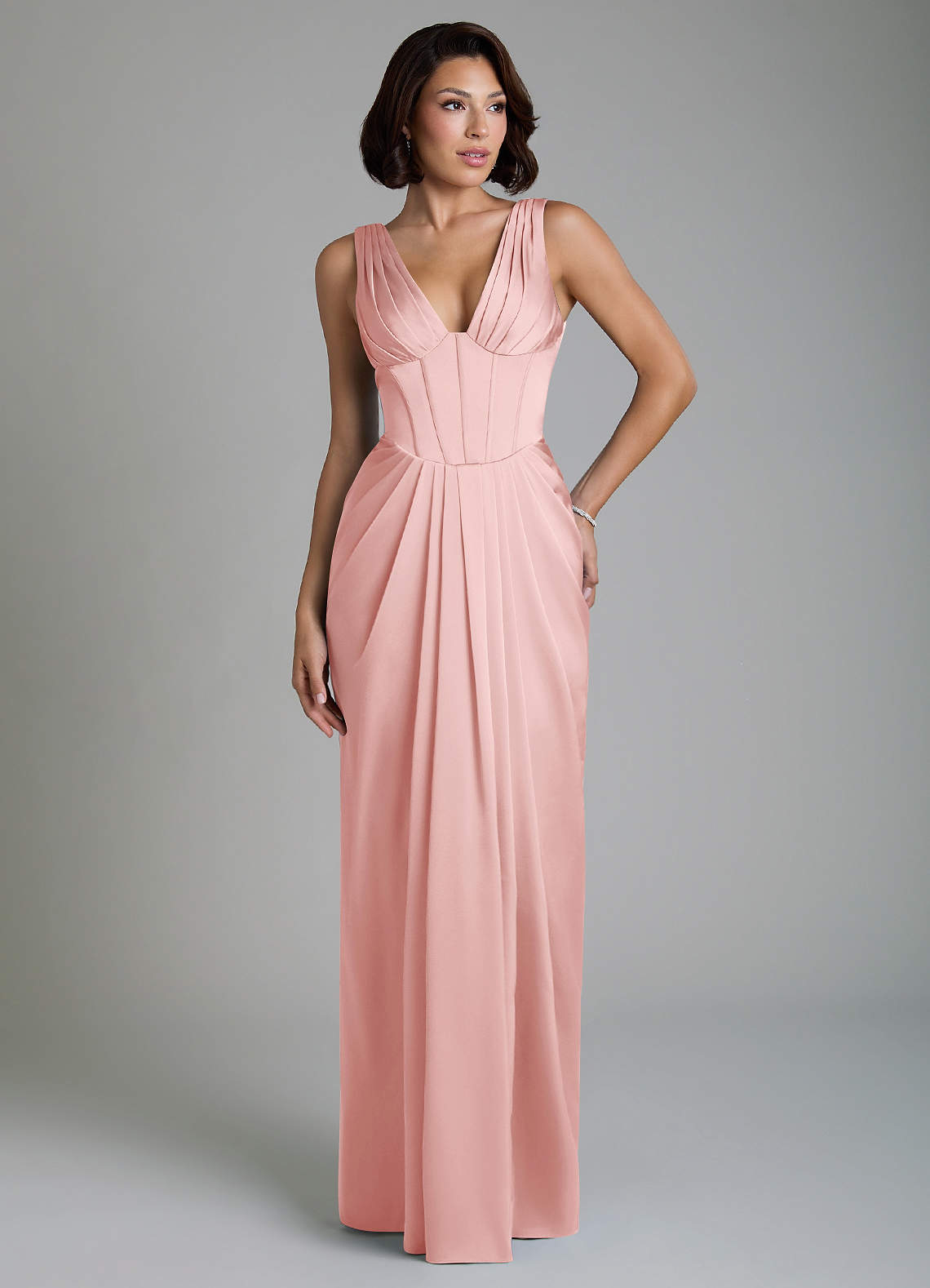 Vanya Sheath V-Neck Stretch Satin Bridesmaid Dress in Powder Pink