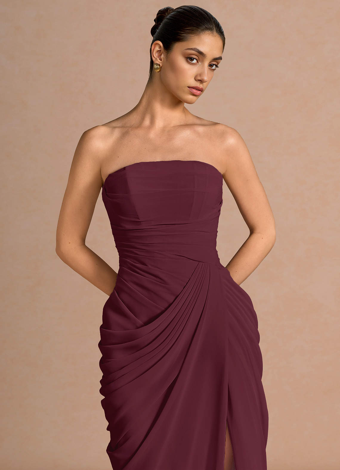 Kaavia Column Pleated Chiffon Midi Evening Dress in Wine