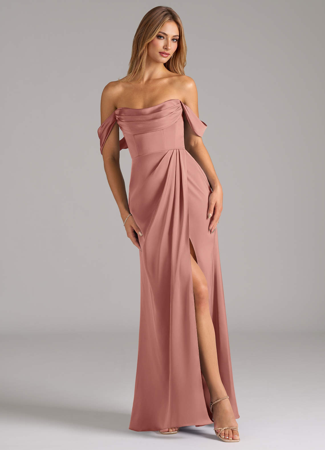 Johana Mermaid Off-the-Shoulder Stretch Satin Bridesmaid Dress in Rosette
