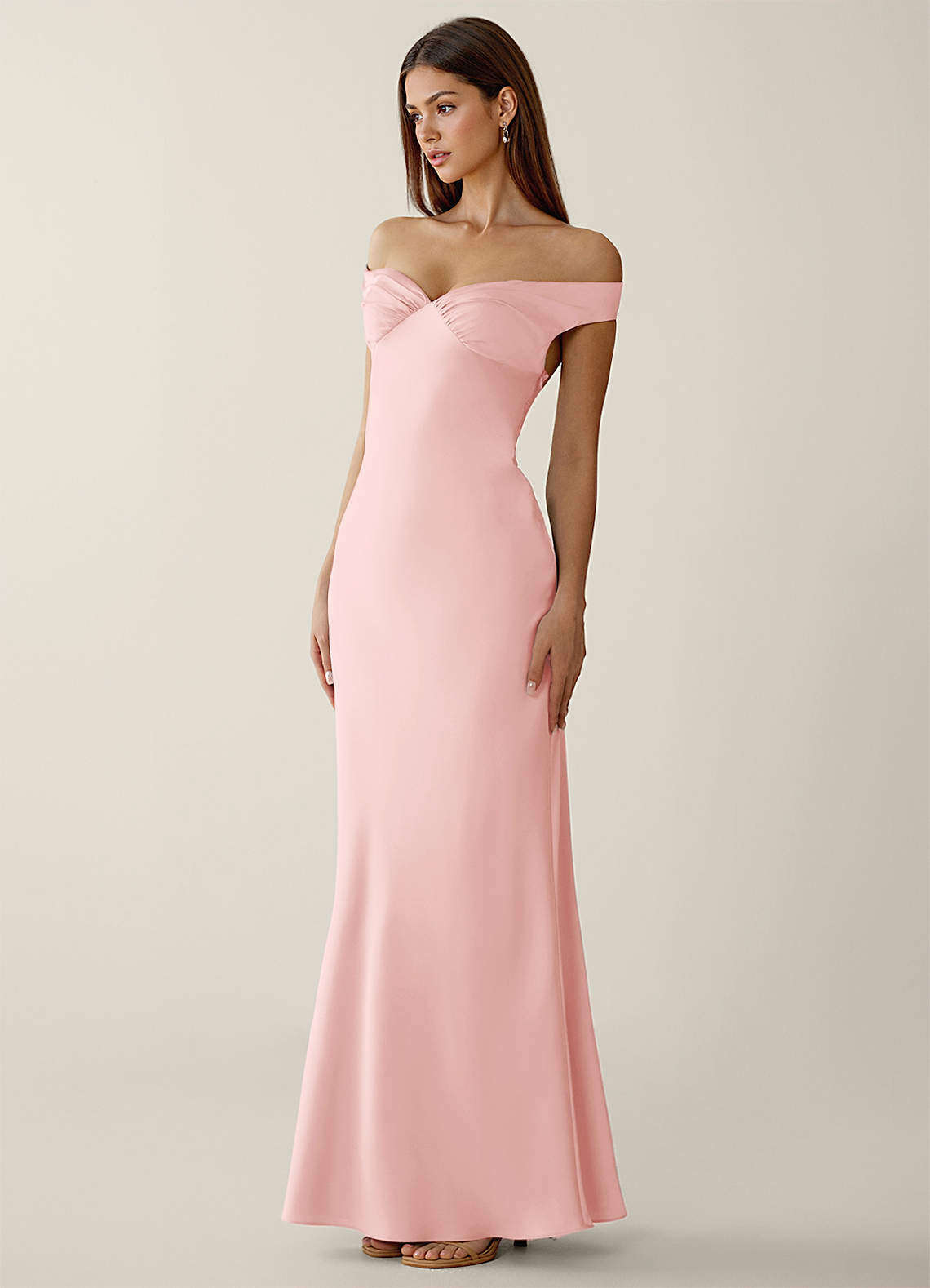 Gwendonme Sheath Off-the-Shoulder Satin Crystal Linen Evening Dress in Haze Pink