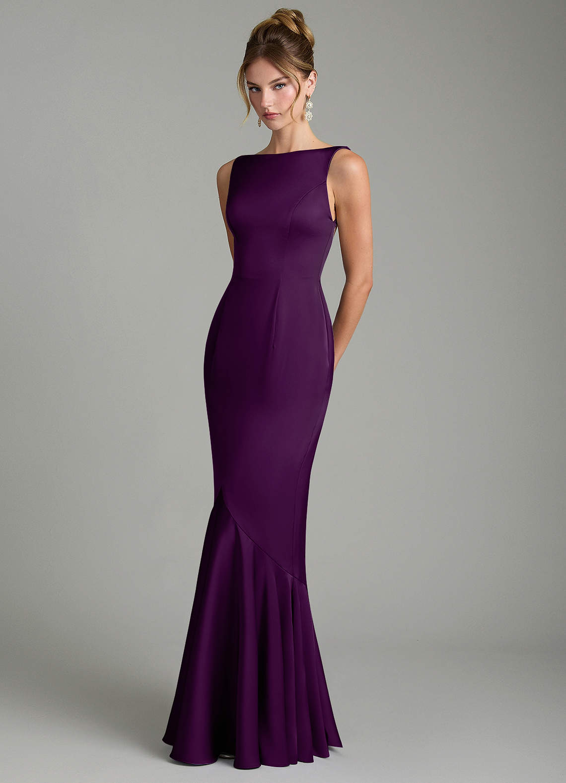 Tamera Mermaid Boat-Neck Stretch Satin and Chiffon Bridesmaid Dress in Grape