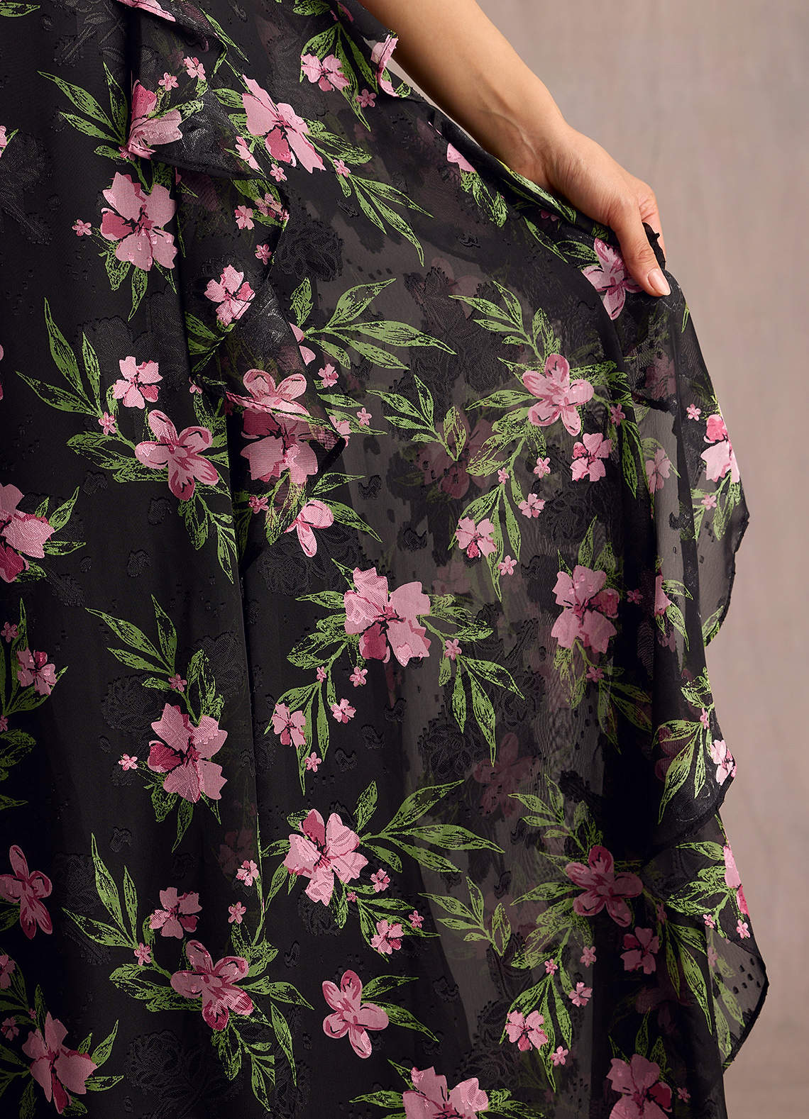 Megan A-Line V-Neck Printed Fil Coupé Wedding Guest Dress in Black Multi Floral
