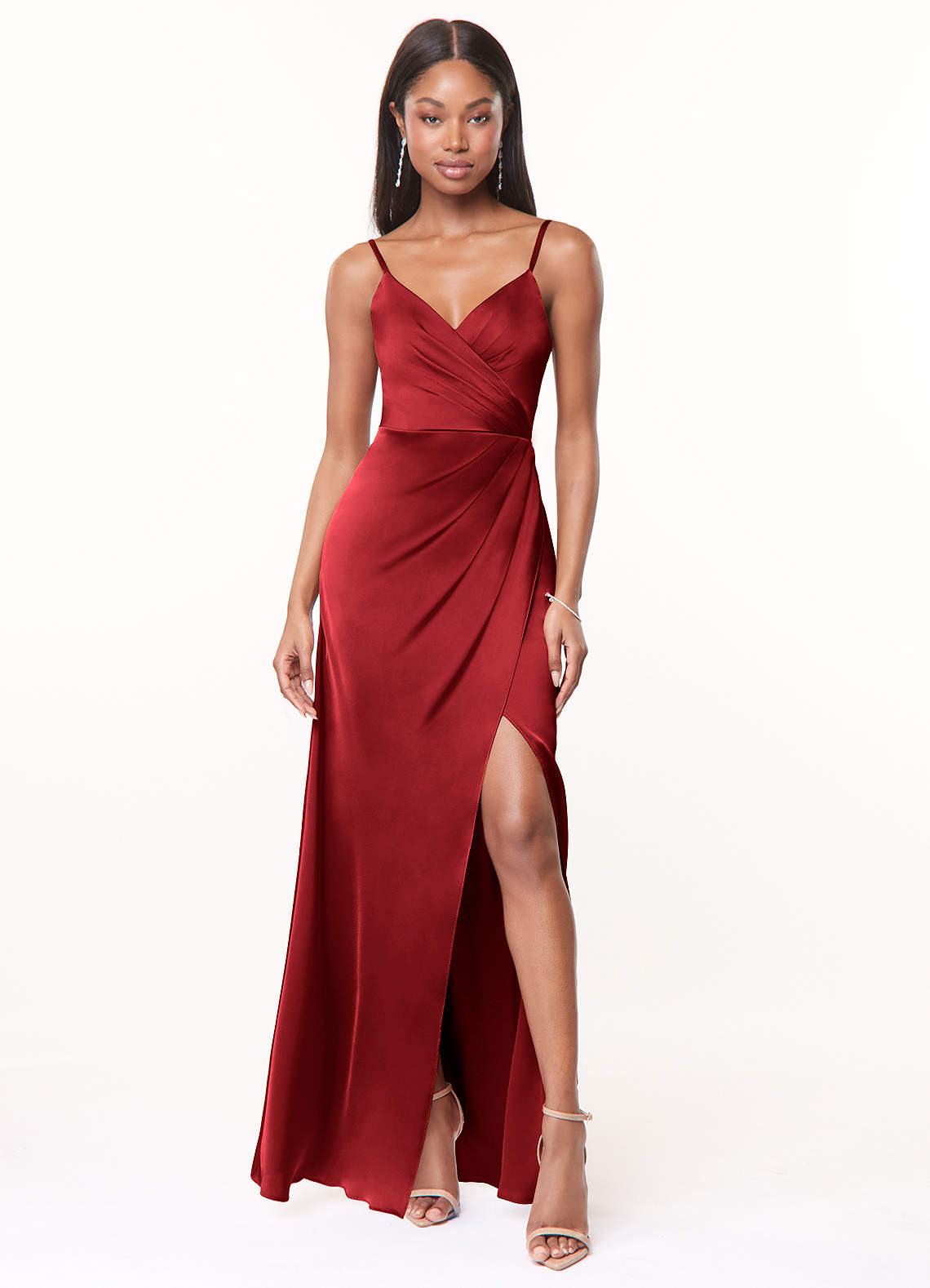 Maci A-Line V-Neck Stretch Satin Bridesmaid Dress in Scarlet