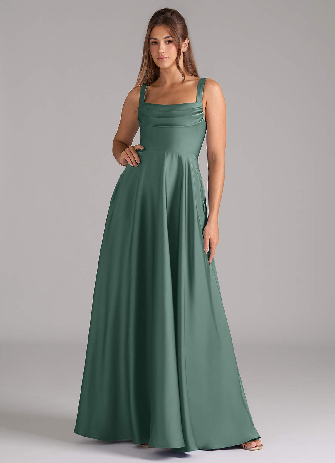 Shaude A-Line Square-Neck Stretch Satin Bridesmaid Dress in Eucalyptus