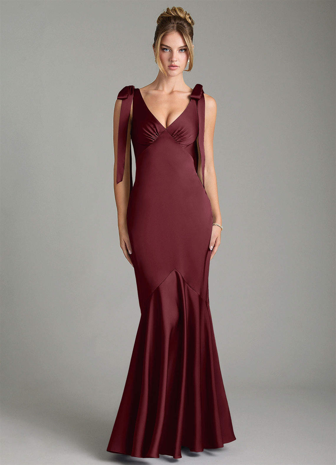 Alena Mermaid V-Neck Stretch Satin Bridesmaid Dress in Cabernet