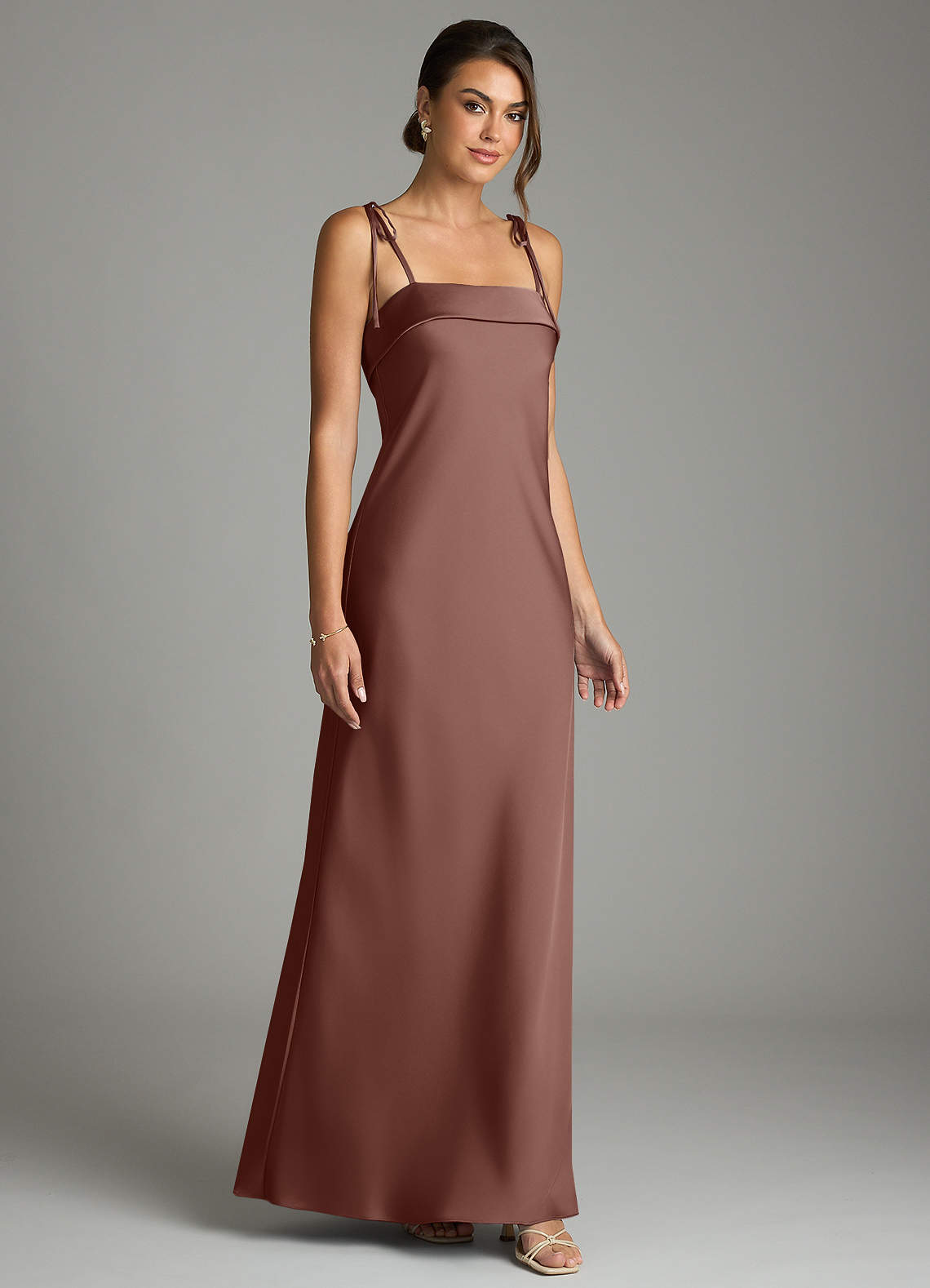 Ellia Sheath Straight-Neck Stretch Satin Bridesmaid Dress in Espresso