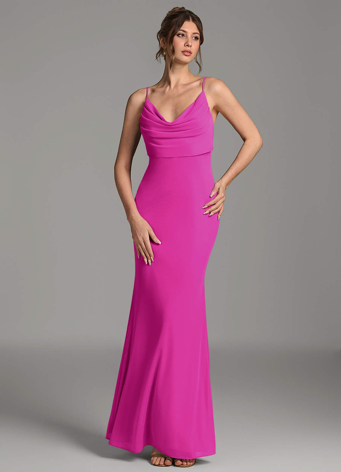 Zari Mermaid Cowl-Neck Mesh Bridesmaid Dress in Fuchsia