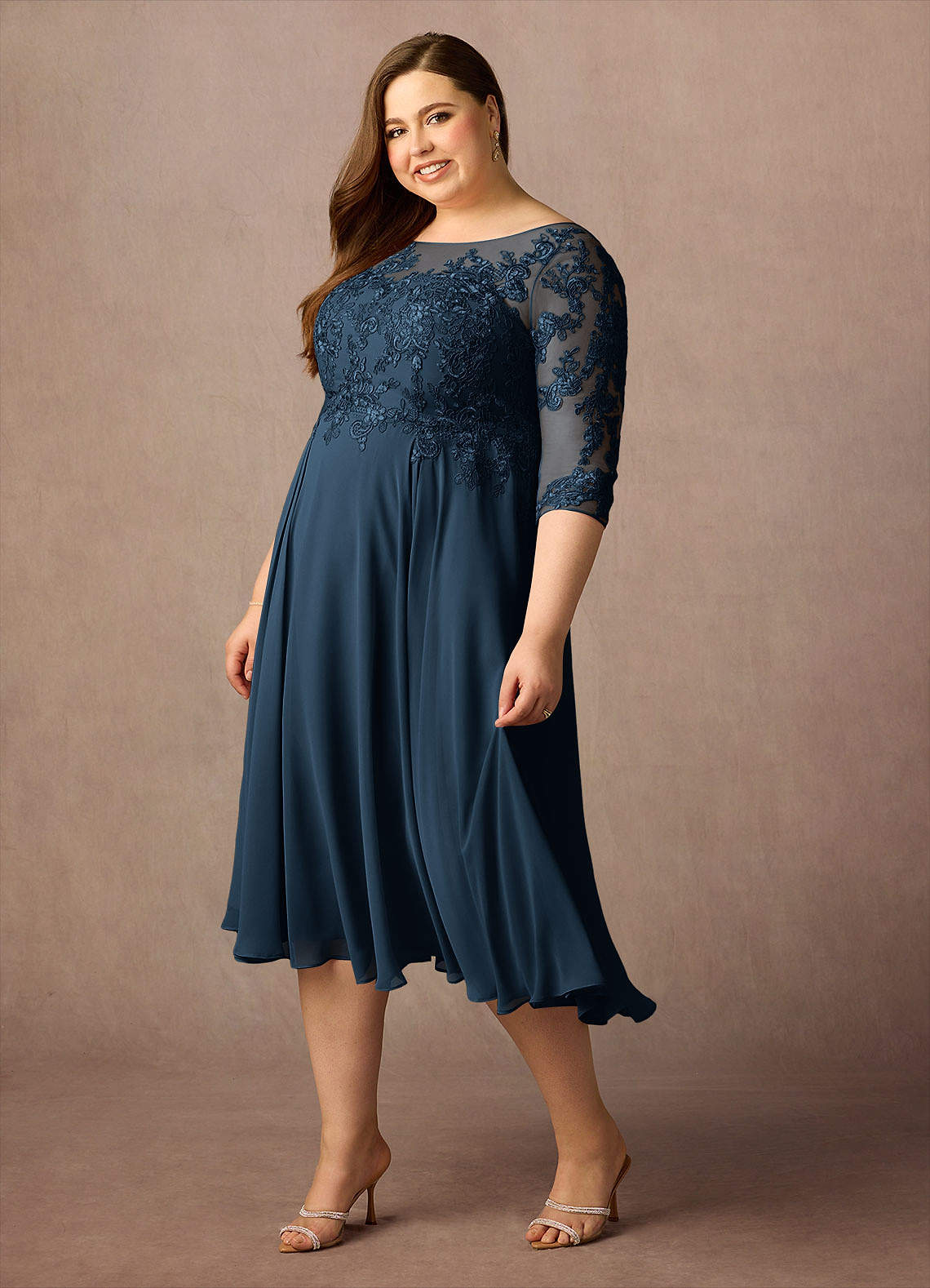 Marge A-Line Scoop-Neck Chiffon and Lace Mother of the Bride Dress in Dark Navy