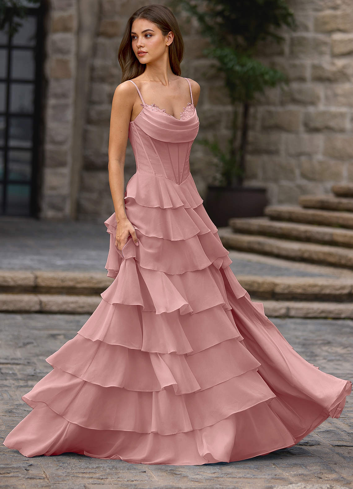 Floralace A-Line Ruffle Chiffon Evening Dress in Light Pink