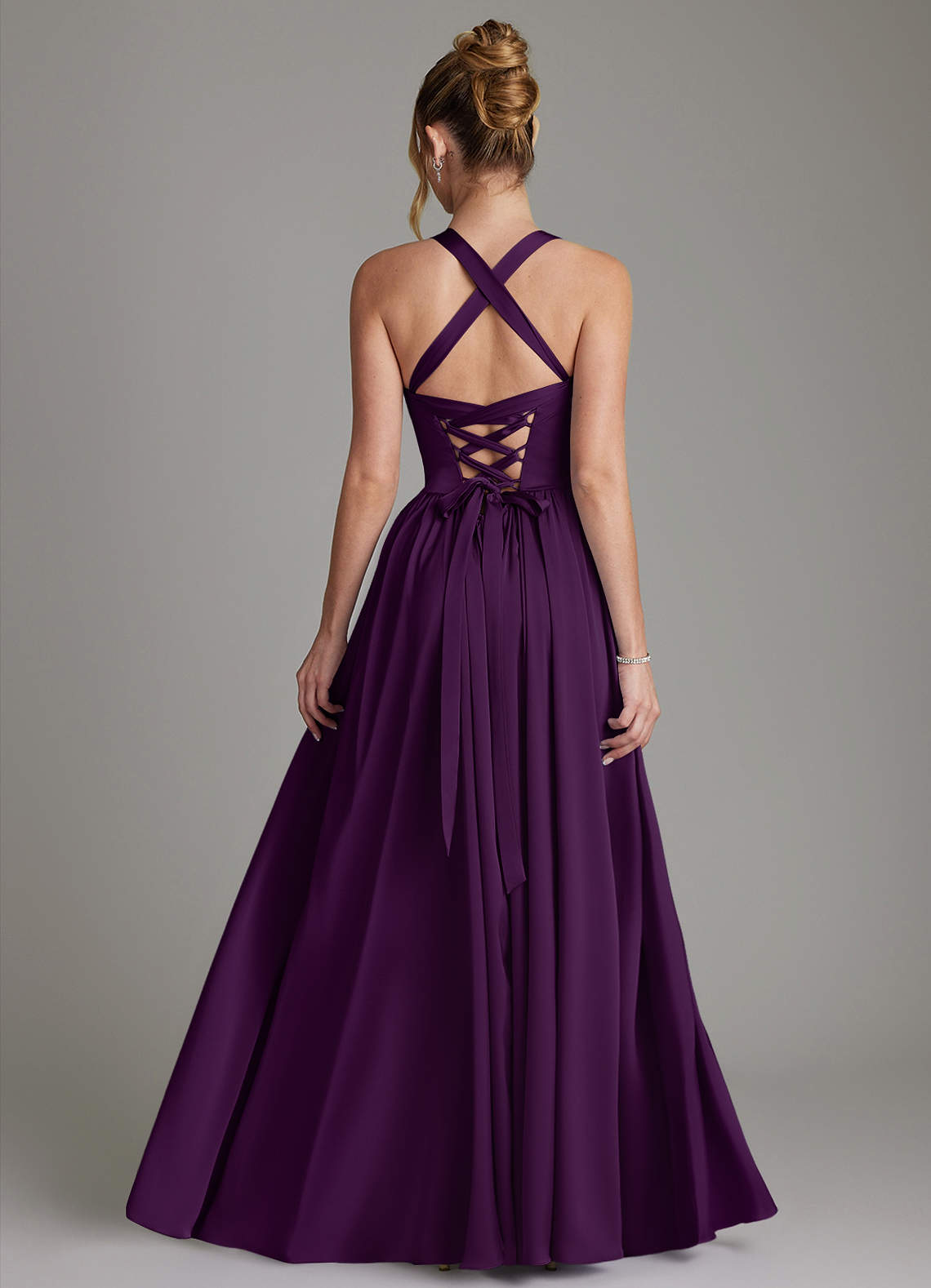 Francis A-Line V-Neck Stretch Satin Bridesmaid Dress in Grape