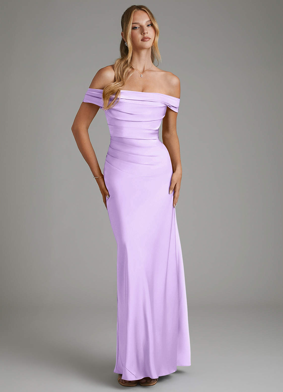 Hayden Mermaid Off-the-Shoulder Stretch Satin Bridesmaid Dress in Lilac