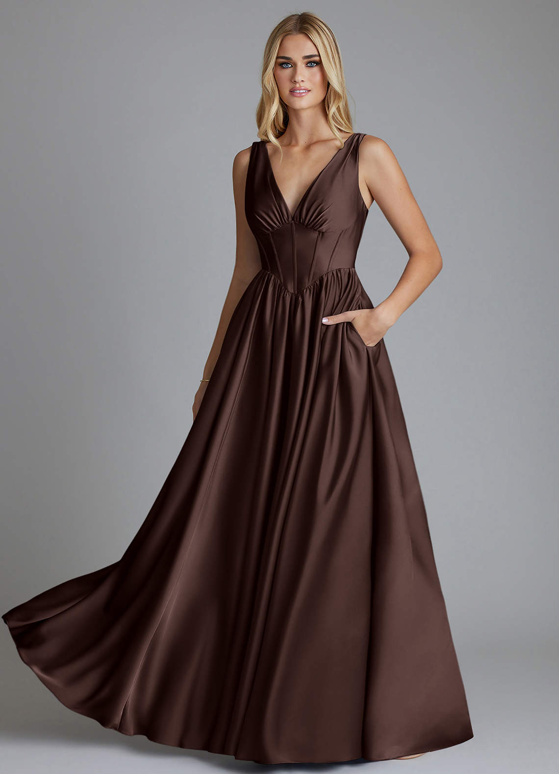 Delmie A-Line V-Neck Stretch Satin Bridesmaid Dress