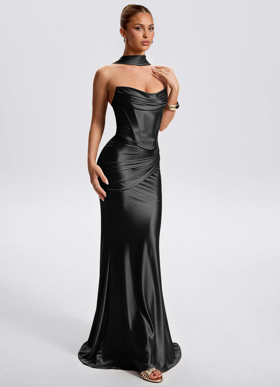 Fernley Mermaid Corset Stretch Satin Evening Dress in Black