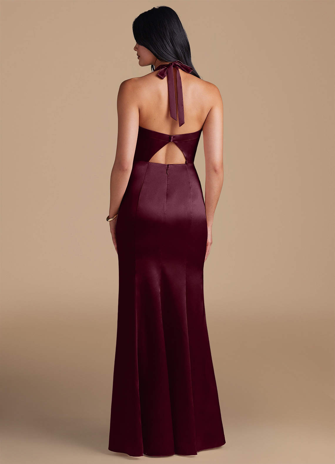 Emeria Sheath Halter Metallic Satin Bridesmaid Dress in Cabernet
