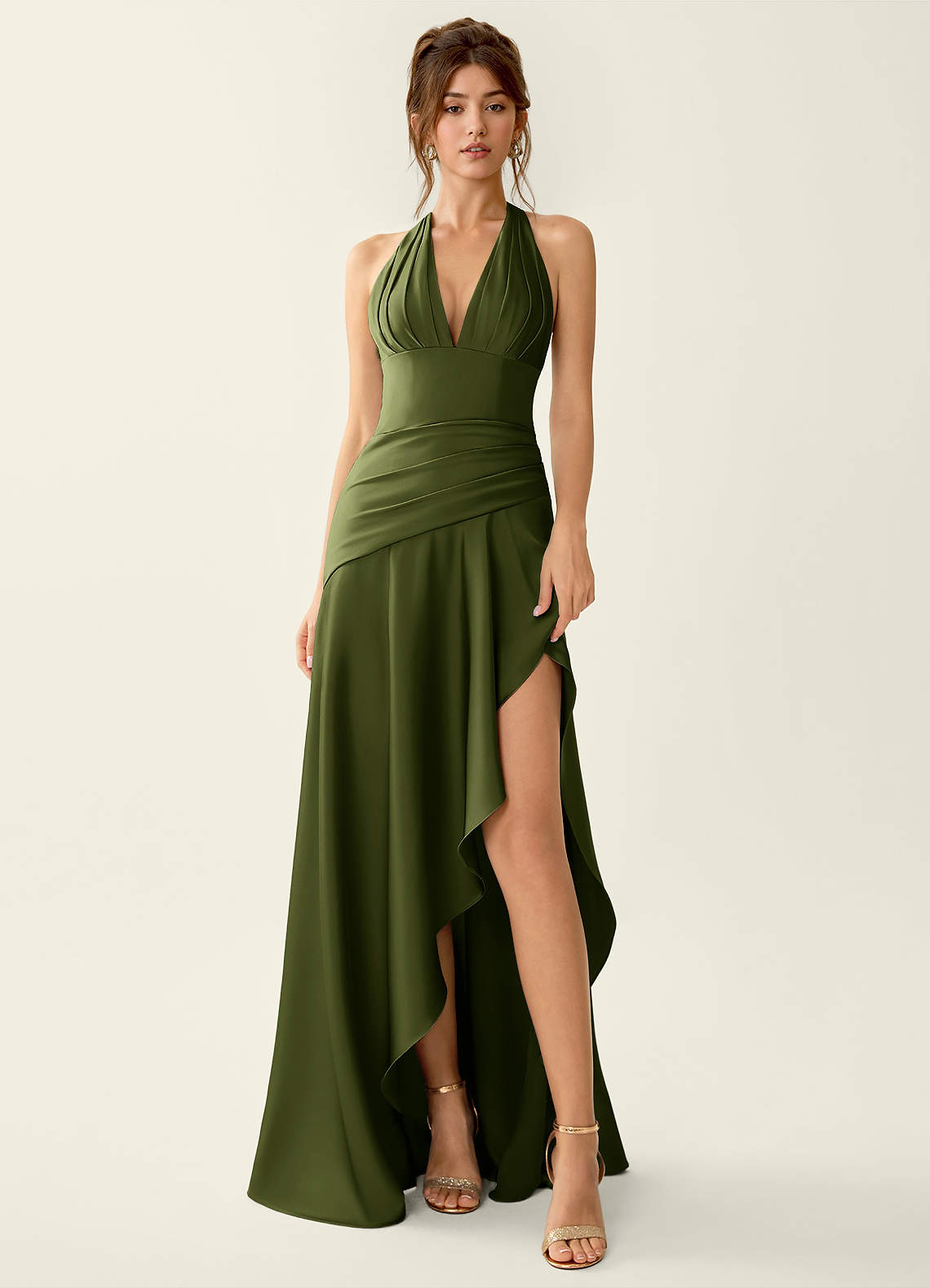 Titania Halter Asymmetric-Ruffle Satin Evening Dress in Olive