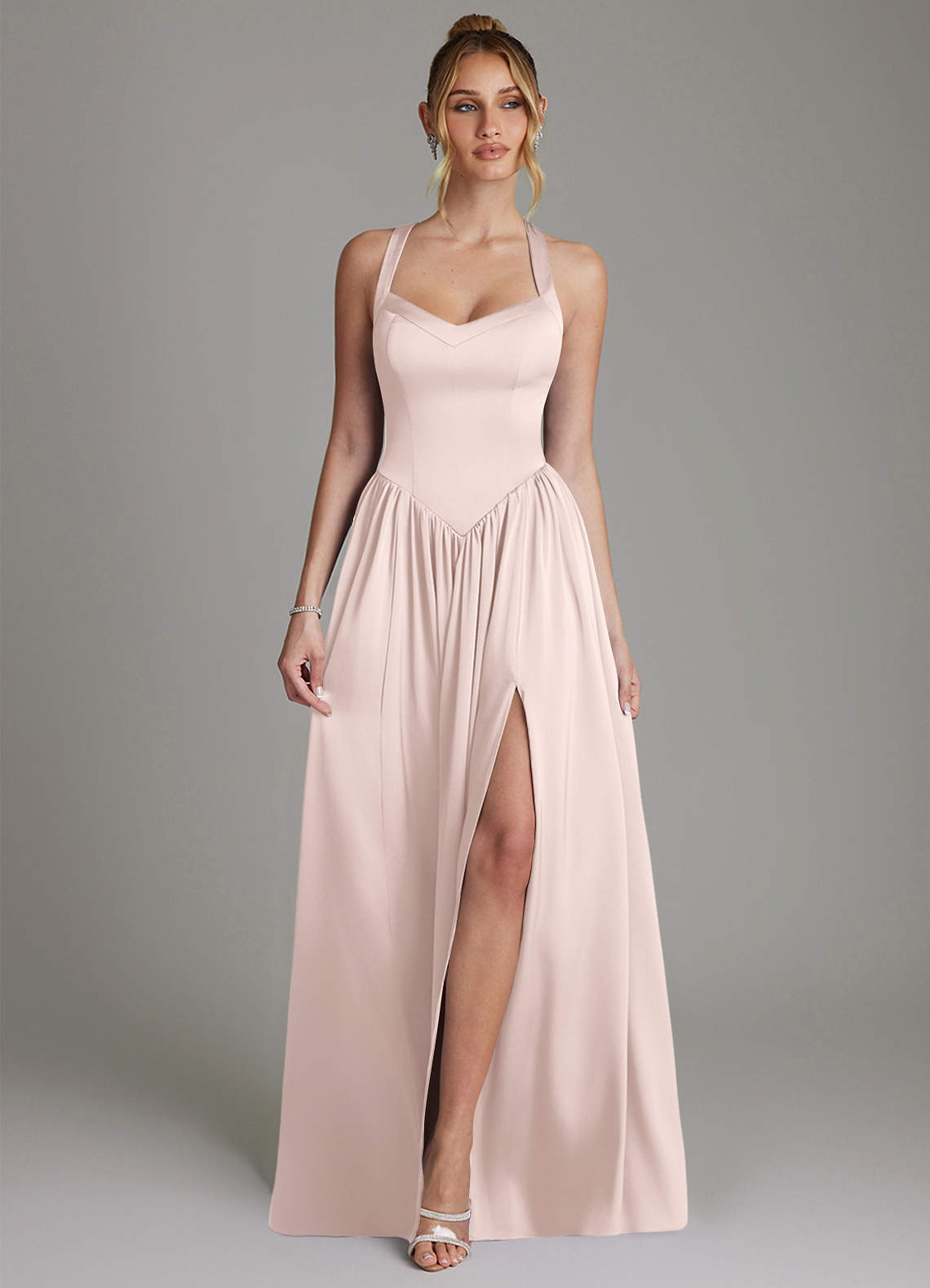 Francis A-Line V-Neck Stretch Satin Bridesmaid Dress in Blushing Pink