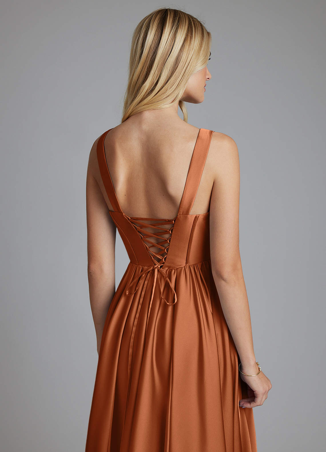 Delmie A-Line V-Neck Stretch Satin Bridesmaid Dress in Copper